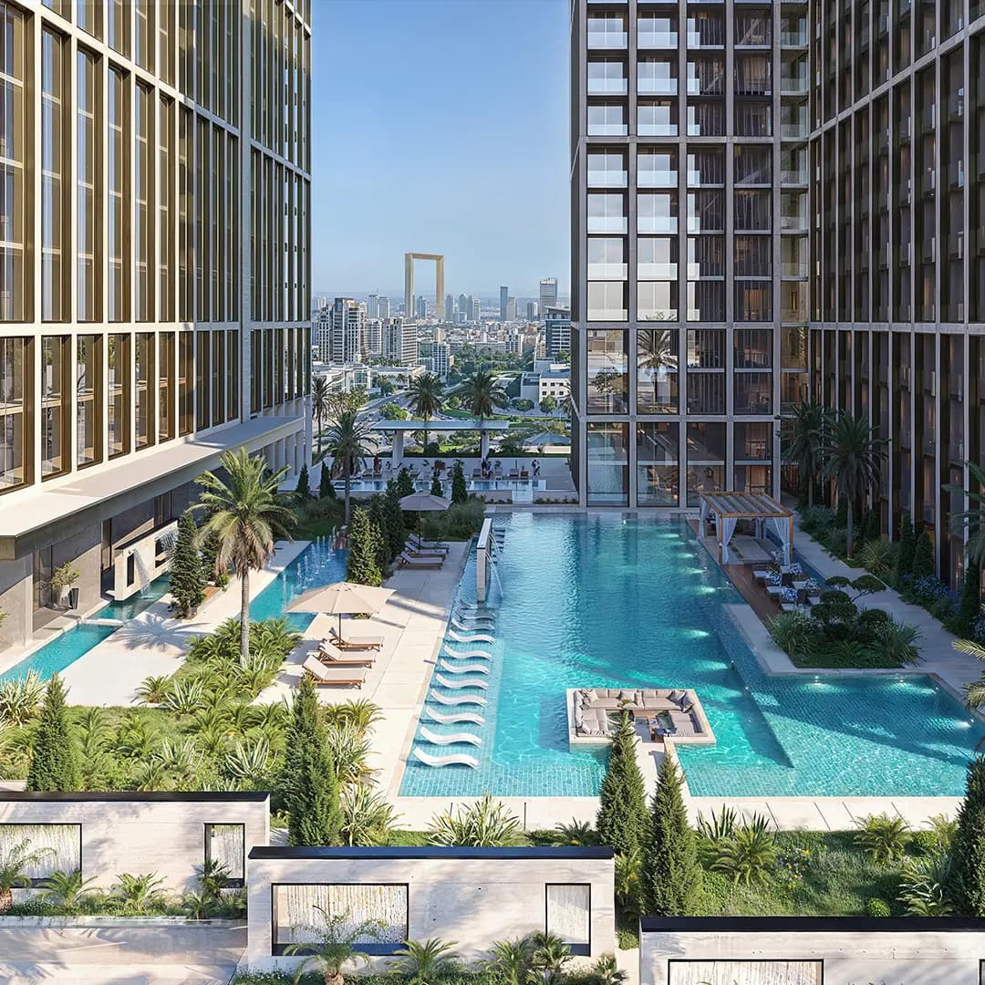 Luxury residential pool and skyline view in Dubai